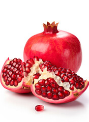 Pomegranate fruit and half of a ripe pomegranate on a white background. Food, fruit background.