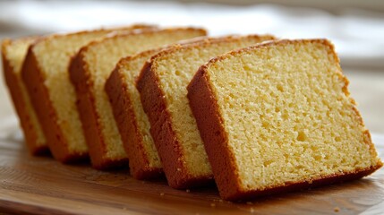   A group of cake slices on a wooden cutting board