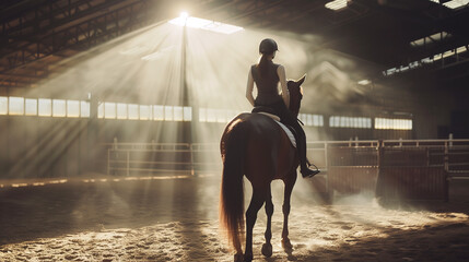 The woman is an equestrian, riding in the sunshine