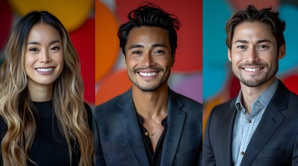 Striking Headshot Gallery Featuring Diverse Smiling Subjects with Vibrant Backdrops and Cinematic
