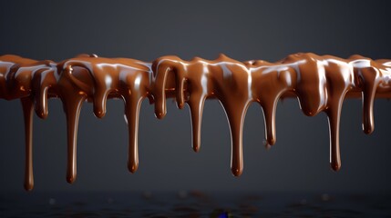   A row of chocolates drizzled with melted chocolate, arranged in front of a black background