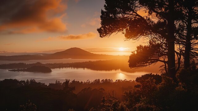 Rangitoto Mountain at Sunrise Capturing the Contrast of Light and Dark in a Serene Setting