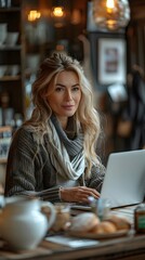 Fototapeta premium Mature Woman Confidently Completing Online Financial Transaction in Cozy Domestic Kitchen Setting