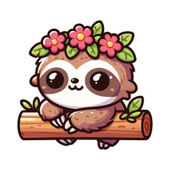 Fototapeta premium cute sloth cartoon on tree branch with flower crown cartoon vector icon illustration