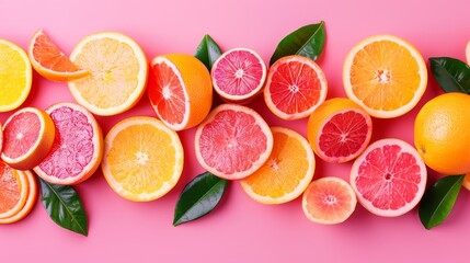   A collection of oranges and grapefruits, halved, against a pink backdrop with accompanying leafy greens