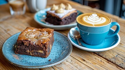   A plate holding a slice of cake, beside a steaming cup of coffee, and another identical plate bearing a cake slice