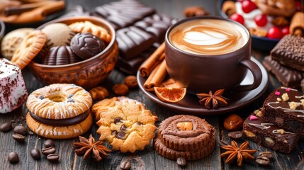 Fototapeta premium A cup of cappuccino on a saucer, surrounded by cookies and various desserts
