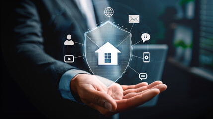 Businessman holding house icon inside digital shield, concept of home insurance, house protection and cyber and security for real estate.