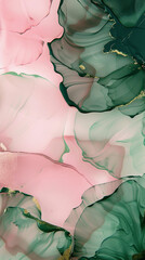 Abstract background in shades of blush pink and forest green, alcohol ink with textured oil paint.