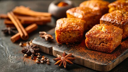   A tight shot of muffins on a cutting board next to cinnamon sticks and star anise - Powered by Adobe