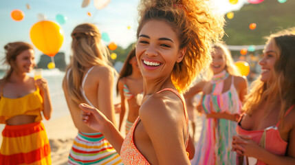 A lively beach scene with a smiling woman and friends in vibrant outfits, celebrating with balloons in the background