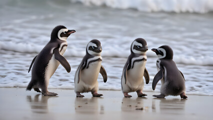 Fototapeta premium Adorable baby penguins are hanging out at the beach, AI generated