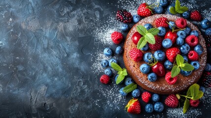   A cake topped in blueberries, raspberries, and mint sprigs against a black backdrop - Powered by Adobe