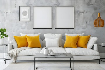 Modern living room with a white sofa and yellow pillows ai generative