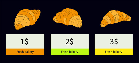 Showcase with croissants, pricing policy. Exhibition with fresh buns, advertising low prices for baked goods. Set of fresh croissants for breakfast, fast food. Vector illustration.