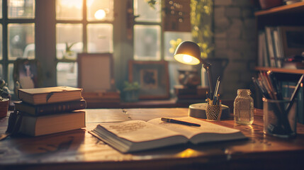 Simple style, with a wooden top and a book on the side, creating a warm learning and working atmosphere