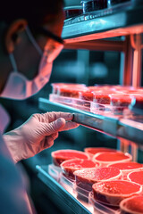 Lab technicians cultivate meat in petri dishes for sustainable food production in biotech lab.