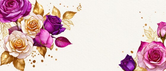 rose petals on white background with copy space for text. Golden alcohol ink watercolor floral bloom banner for Mother’s Day or mauve wedding stationery