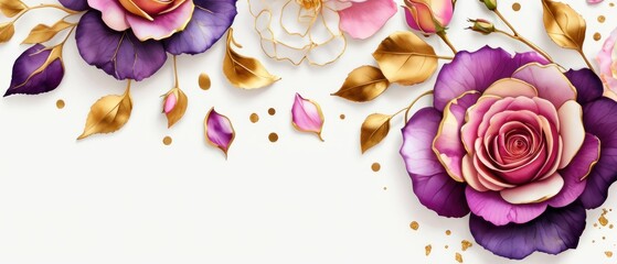 rose petals on white background with copy space for text. Golden alcohol ink watercolor floral bloom banner for Mother&rsquo;s Day or mauve wedding stationery
