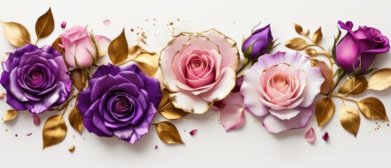 rose petals on white background with copy space for text. Golden alcohol ink watercolor floral bloom banner for Mother&rsquo;s Day or mauve wedding stationery