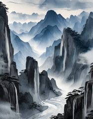 Chinese landscape painting featuring cliffs, waterfalls, and blue smoke clouds in the Chines