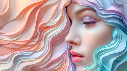  Beautiful fashion model woman in 3D papercut pastel colors illustration, paper craft effect abstract style digital art work. Birthday card, festive season greeting card or beauty product banner.