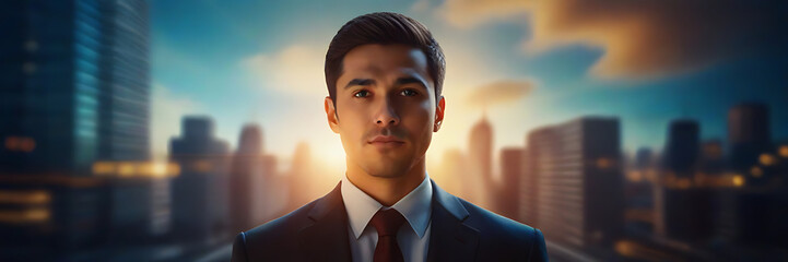 Silhouette of business man looking at the city from the rooftop. Happy wealthy rich successful indian business man standing in big city modern skyscrapers street on sunset thinking 