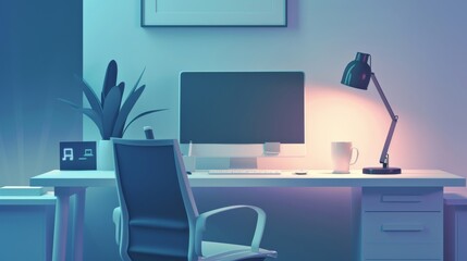 modern, minimalist office scene in a 3D illustration style, featuring a sleek, digital workspace with a high-resolution computer, ergonomic chair, and ambient lighting