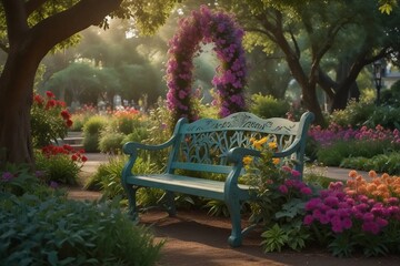 Tranquil Retreat: Serene Bench Invites Relaxation in Enchanting Garden 