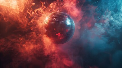 Obraz premium Red and blue smoke fills the air. A disco ball hangs in the center.