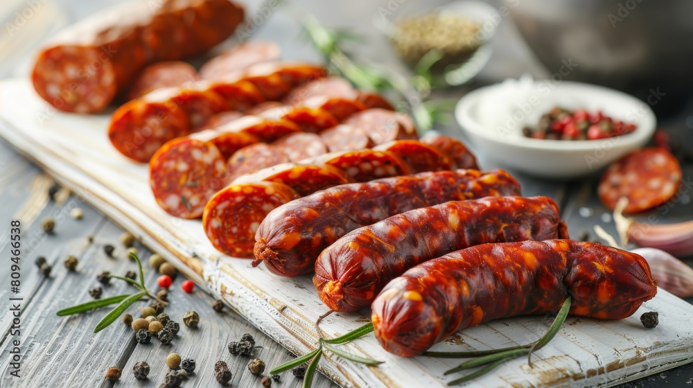 Wall mural rustic scene of smoked sausages, including links of chorizo and kielbasa, arranged on a white wooden board in a traditional, appetizing style