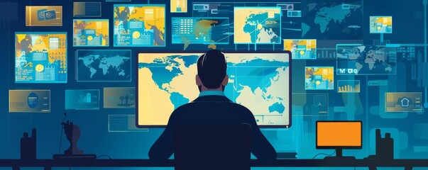 A business leader conducting a webinar on personal growth and goal setting, viewed on screens around the world