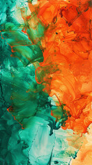 Alcohol ink abstract painting background in vibrant orange and deep green, featuring textured oil paint.