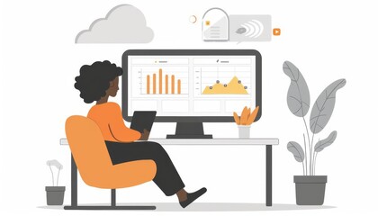 A business professional analyzing a cloudbased profit dashboard, sharing it via video conference