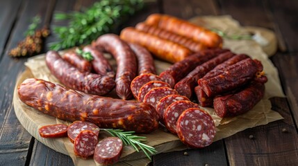 rustic scene of smoked sausages, including links of chorizo and kielbasa, arranged on a white wooden board in a traditional, appetizing style