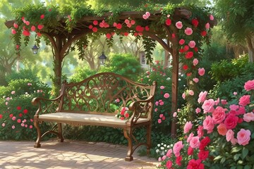 Floral Haven: Beckoning Bench amidst Cascading Vines and Roses 