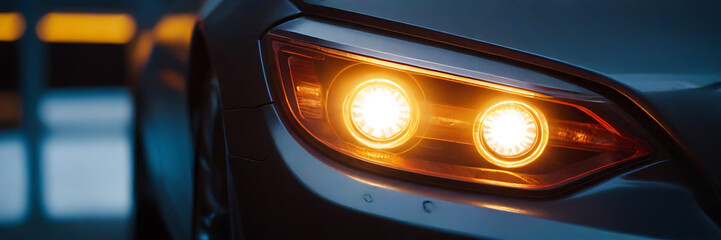 Car headlights. Exterior detail. Car luxury concept. Detail on one of the LED headlights modern car...