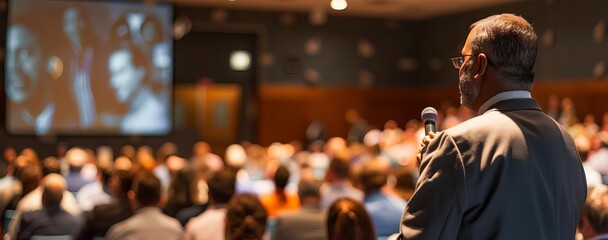 A CEO speaking passionately to employees in a corporate town hall meeting, with clear graphics displayed behind