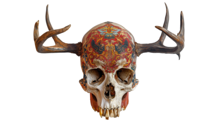 Decorated Skull with Horns and Antlers isolated on a transparent background