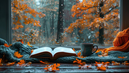 An open book with an orange sweater, scarf and gloves on the table next to it sits in front of a large window overlooking autumn trees and falling leaves outside. Created with Ai
