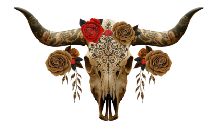 A decorative Bull Skull with Intricate Tattoos and Roses isolated on a transparent background