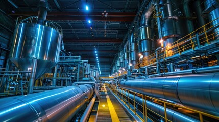 Obraz premium Hydrogen power plant, large steel tanks and pipes, wide angle photo. Clean H2 energy concept