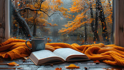  A cozy scene with an open book, a steaming coffee cup, and a knitted blanket on a table against a...