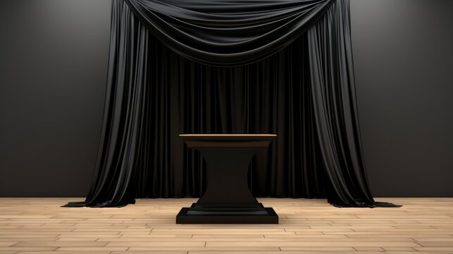 A stage with a black curtain drawn closed and a podium positioned in the center ready for a speaker or presenter
