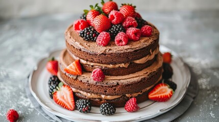   A tight shot of a cake on a plate, adorned with strawberries and raspberries atop