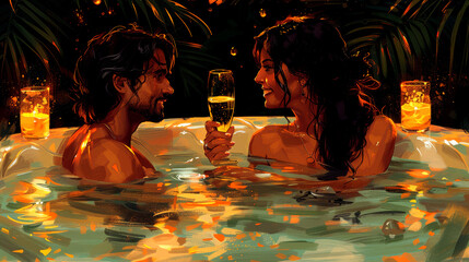 Romantic young couple enjoying a glass of champagne in a jacuzzi together