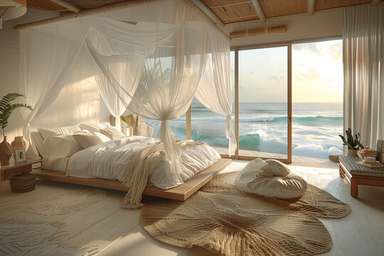 Beachfront villa bedroom with elegant canopy bed, light fabrics, and floor-to-ceiling windows showcasing pristine beach in warm, late afternoon sunlight.