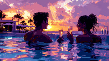 Young lovers unwind in a jacuzzi with a glass of bubbly