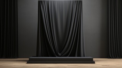 A stage featuring a black curtain and wooden floor, set up for a performance or event, display...