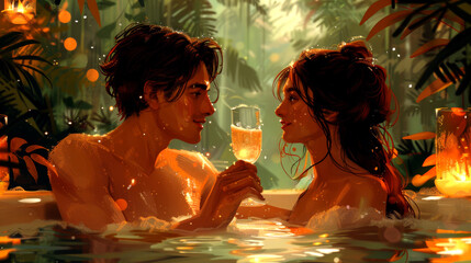 Love is in the details: couple shares a romantic evening in a jacuzzi with champagne